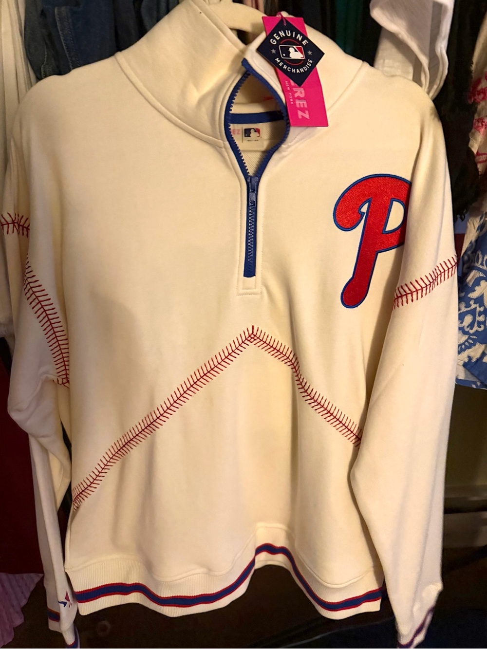 Phillies Terez Women's Baseball Stitch 1/4 zip White Small NWT